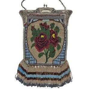 Antique Floral Roses Small Beads Red Deco Purse Fringe Acorn Lock Velvet Chain